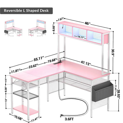 Reversible L-shaped Computer Desk with Storage Shelves and LED Strip and Power Outlets,Corner Desk Gaming Table
