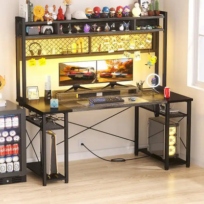 Gaming Deck with Charge Station and LED Light, Computer Table with Hutch and Shelves