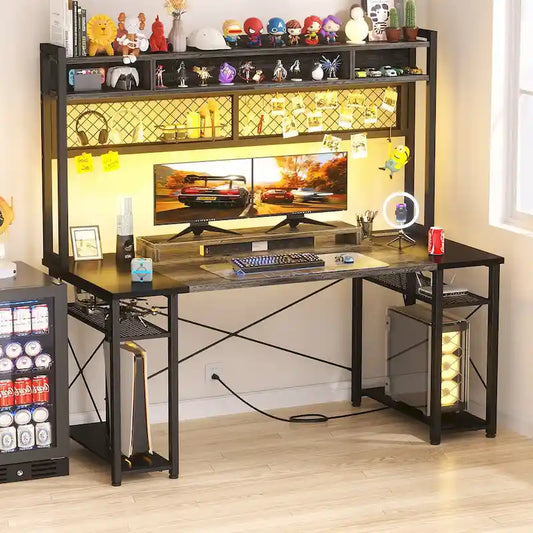 Gaming Deck with Charge Station and LED Light, Computer Table with Hutch and Shelves