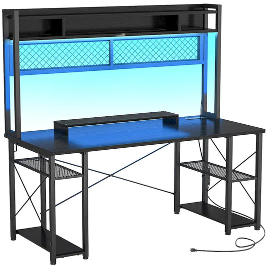 Gaming Deck with Charge Station and LED Light, Computer Table with Hutch and Shelves