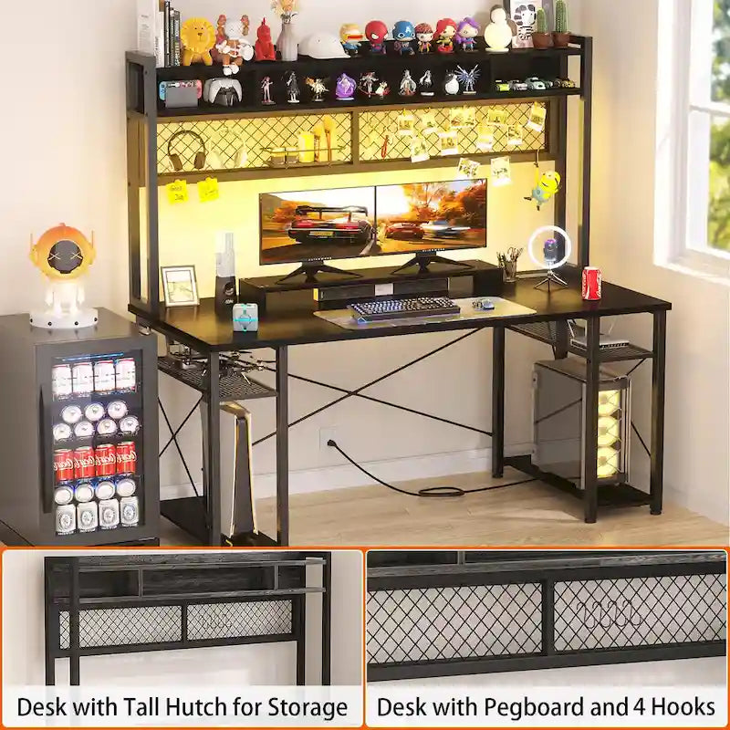Gaming Deck with Charge Station and LED Light, Computer Table with Hutch and Shelves