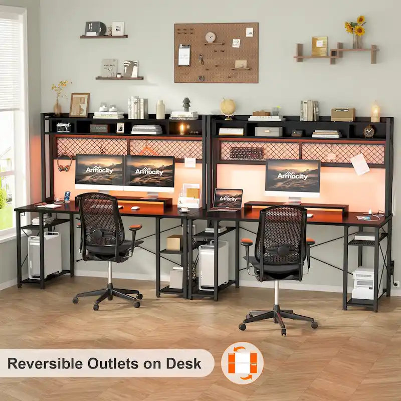 Gaming Deck with Charge Station and LED Light, Computer Table with Hutch and Shelves