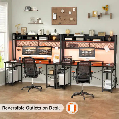 Gaming Deck with Charge Station and LED Light, Computer Table with Hutch and Shelves