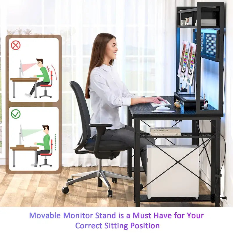 Gaming Deck with Charge Station and LED Light, Computer Table with Hutch and Shelves