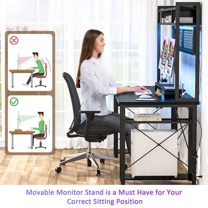 Gaming Deck with Charge Station and LED Light, Computer Table with Hutch and Shelves