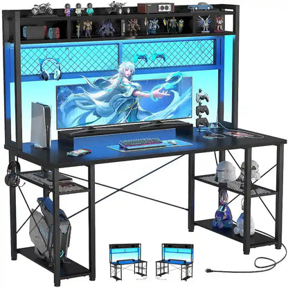 Gaming Deck with Charge Station and LED Light, Computer Table with Hutch and Shelves