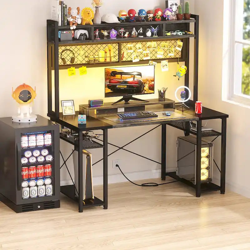 Gaming Deck with Charge Station and LED Light, Computer Table with Hutch and Shelves