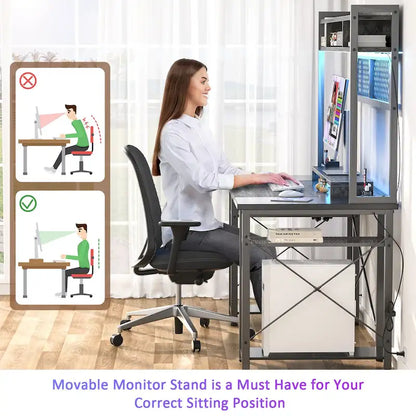 Gaming Deck with Charge Station and LED Light, Computer Table with Hutch and Shelves