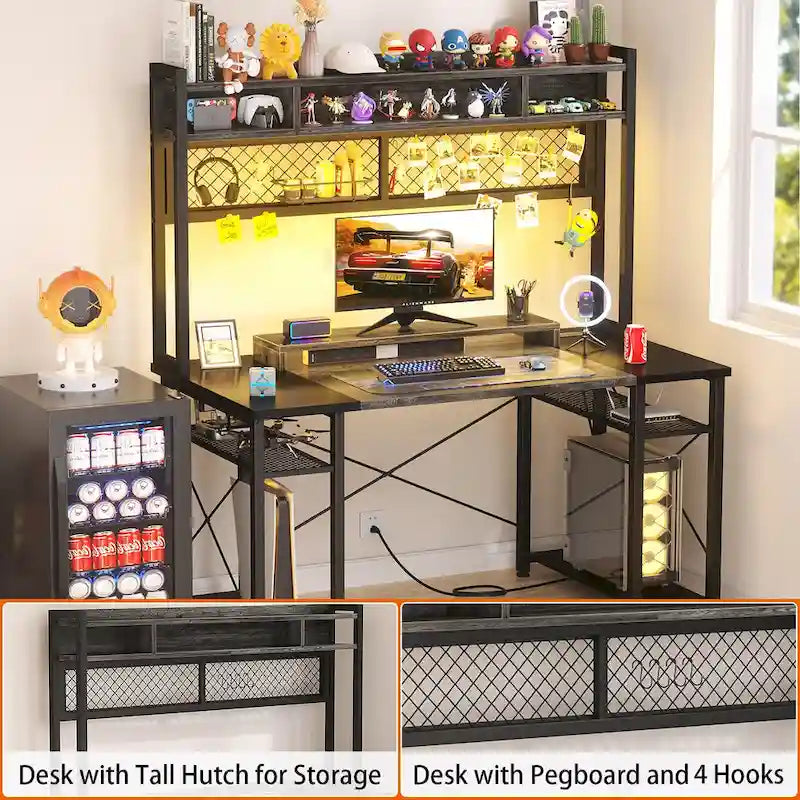 Gaming Deck with Charge Station and LED Light, Computer Table with Hutch and Shelves