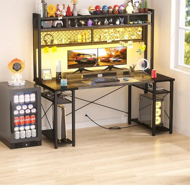 Gaming Deck with Charge Station and LED Light, Computer Table with Hutch and Shelves