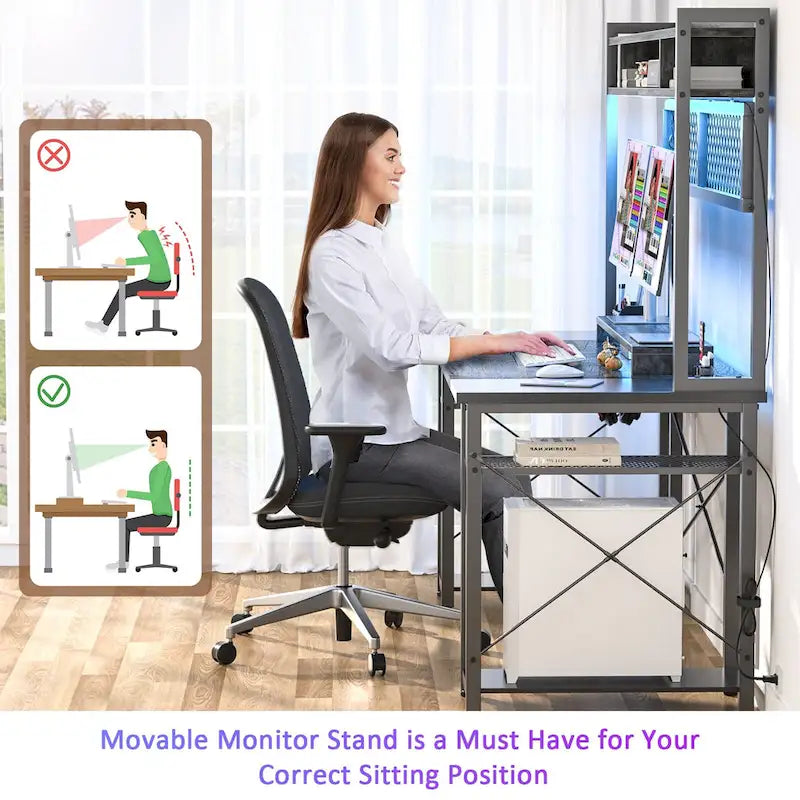 Gaming Deck with Charge Station and LED Light, Computer Table with Hutch and Shelves