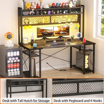 Gaming Deck with Charge Station and LED Light, Computer Table with Hutch and Shelves