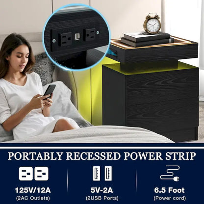 EROMMY LED Nightstand with Charging Station, Floating Bedside Table with Drawers and RGB Lights