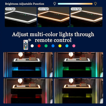 EROMMY LED Nightstand with Charging Station, Floating Bedside Table with Drawers and RGB Lights