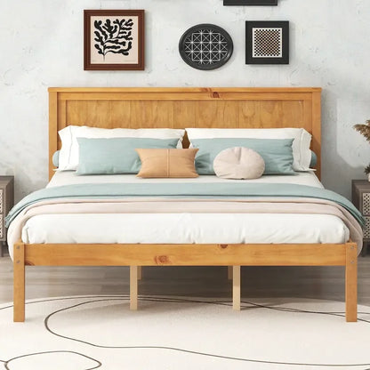 Pine Wooden Platform Bed with Headboard and Wood Slat Support for Bedroom