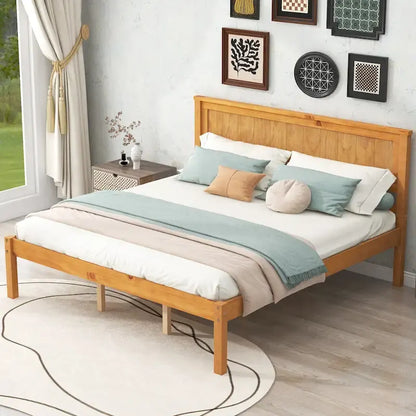 Pine Wooden Platform Bed with Headboard and Wood Slat Support for Bedroom