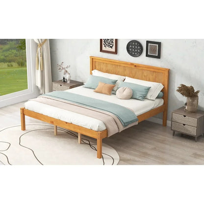 Pine Wooden Platform Bed with Headboard and Wood Slat Support for Bedroom