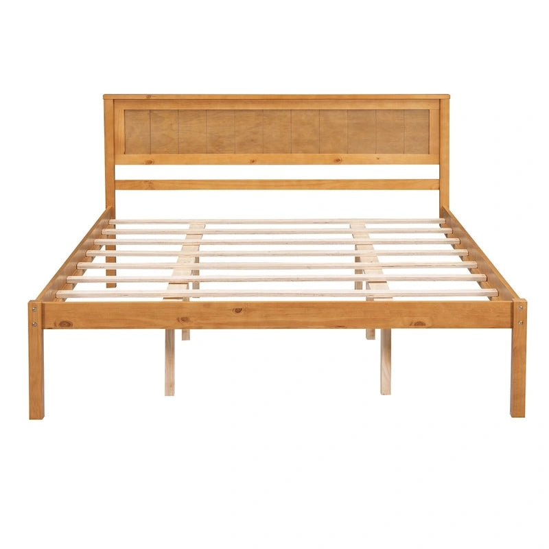 Pine Wooden Platform Bed with Headboard and Wood Slat Support for Bedroom