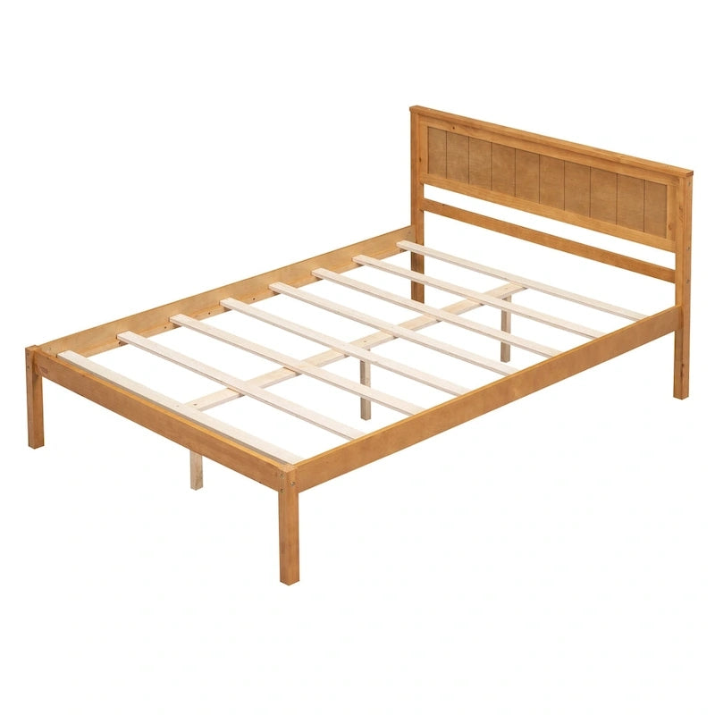 Pine Wooden Platform Bed with Headboard and Wood Slat Support for Bedroom