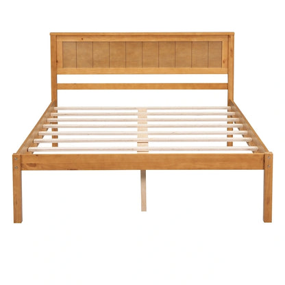 Pine Wooden Platform Bed with Headboard and Wood Slat Support for Bedroom