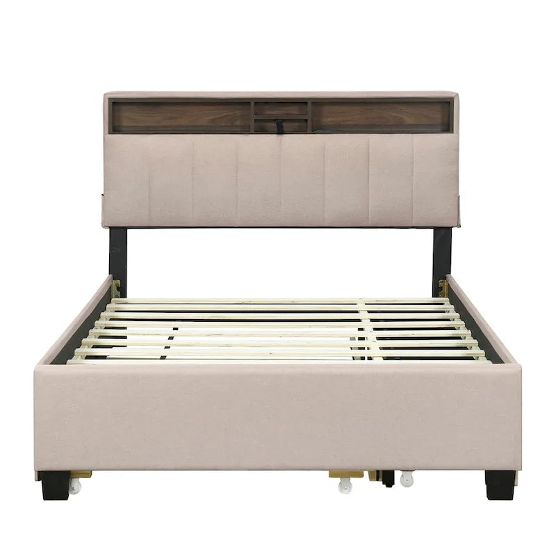 Beige Full Size Upholstered Platform Bed with Storage Headboard,Twin XL Size Trundle and 2 drawers