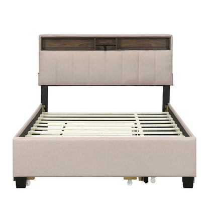 Beige Full Size Upholstered Platform Bed with Storage Headboard,Twin XL Size Trundle and 2 drawers