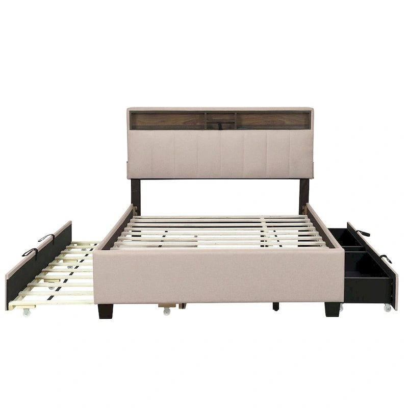 Beige Full Size Upholstered Platform Bed with Storage Headboard,Twin XL Size Trundle and 2 drawers
