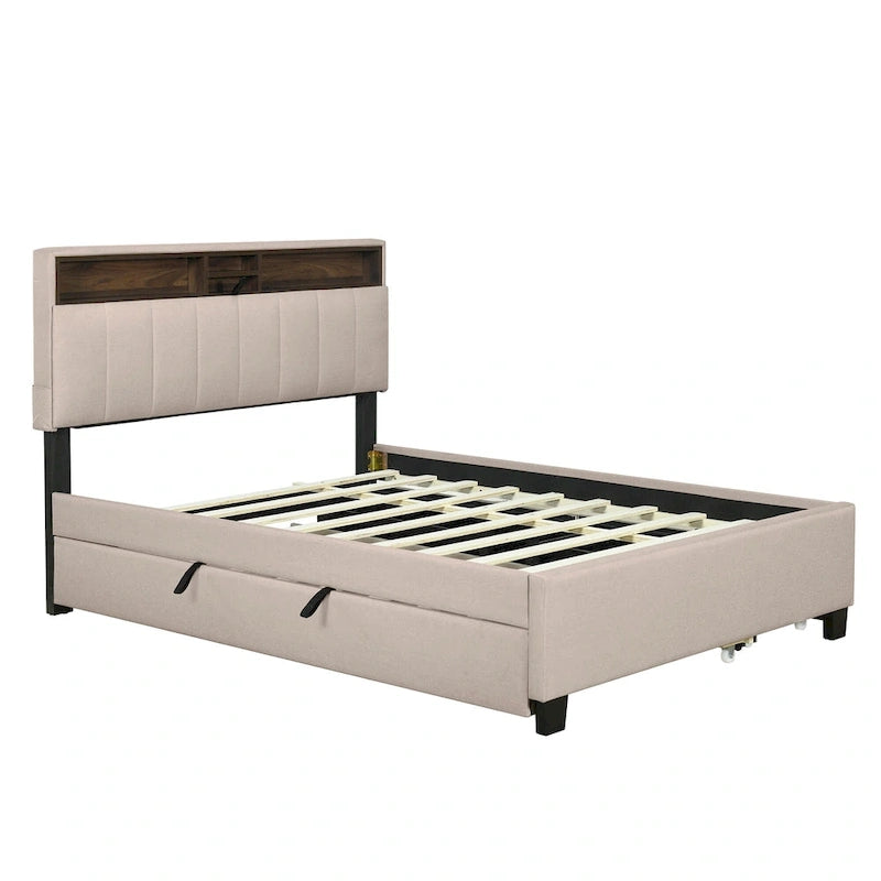 Beige Full Size Upholstered Platform Bed with Storage Headboard,Twin XL Size Trundle and 2 drawers