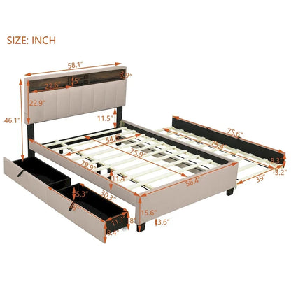 Beige Full Size Upholstered Platform Bed with Storage Headboard,Twin XL Size Trundle and 2 drawers