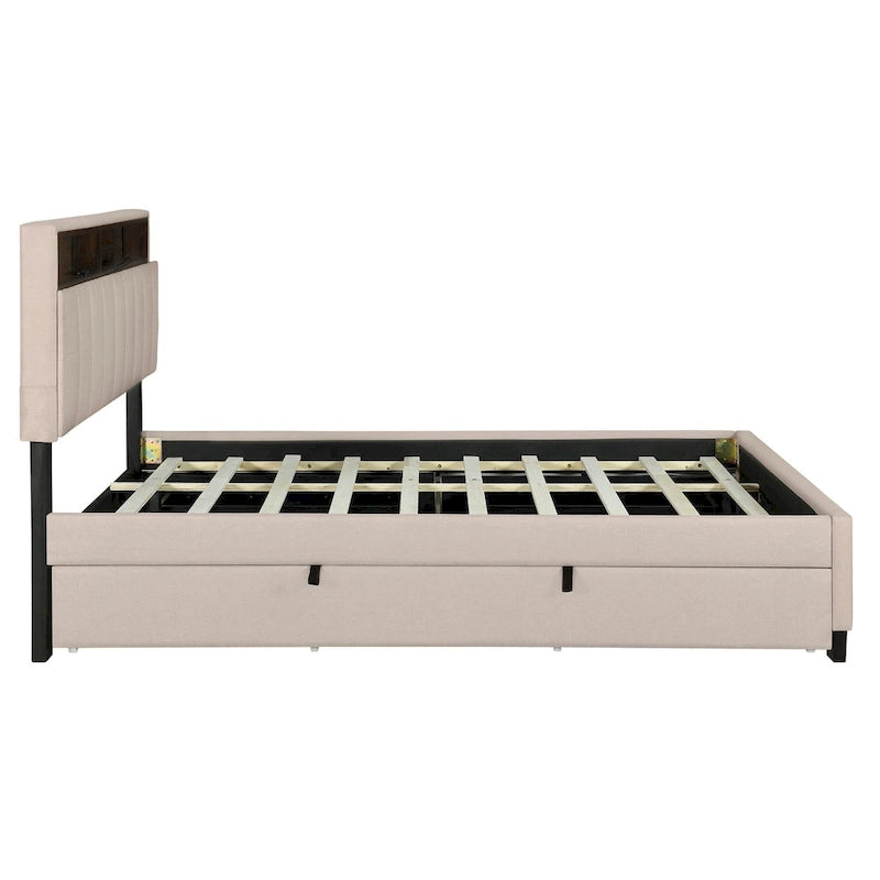 Beige Full Size Upholstered Platform Bed with Storage Headboard,Twin XL Size Trundle and 2 drawers