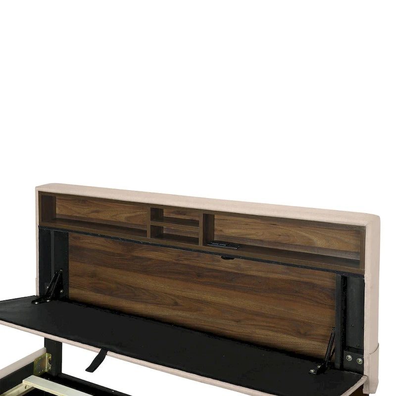 Beige Full Size Upholstered Platform Bed with Storage Headboard,Twin XL Size Trundle and 2 drawers