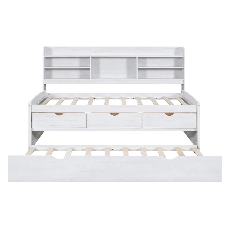 White Washed Twin Size Wooden Captain Bed with Bookshelves, 3 Drawers, Trundle