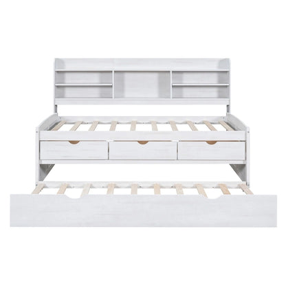 White Washed Twin Size Wooden Captain Bed with Bookshelves, 3 Drawers, Trundle
