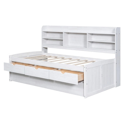 White Washed Twin Size Wooden Captain Bed with Bookshelves, 3 Drawers, Trundle