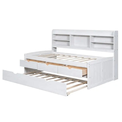 White Washed Twin Size Wooden Captain Bed with Bookshelves, 3 Drawers, Trundle
