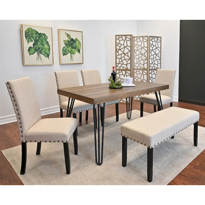 6-Piece Industrial Dining Set with Rectangular Table & Linen Chairs