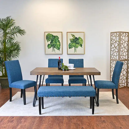 6-Piece Industrial Dining Set with Rectangular Table & Linen Chairs