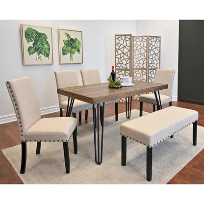 6-Piece Industrial Dining Set with Rectangular Table & Linen Chairs