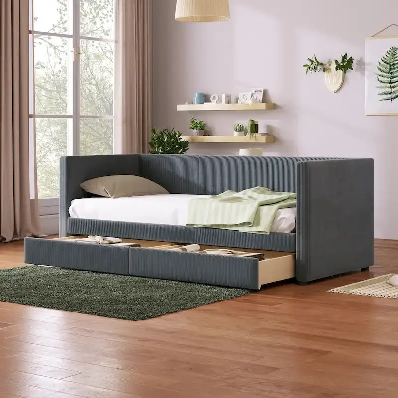 Grey Corduroy Twin Daybed with Drawers and Wood Slat Support