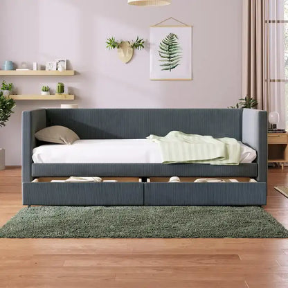 Grey Corduroy Twin Daybed with Drawers and Wood Slat Support