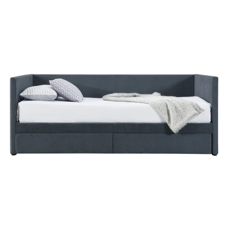 Grey Corduroy Twin Daybed with Drawers and Wood Slat Support