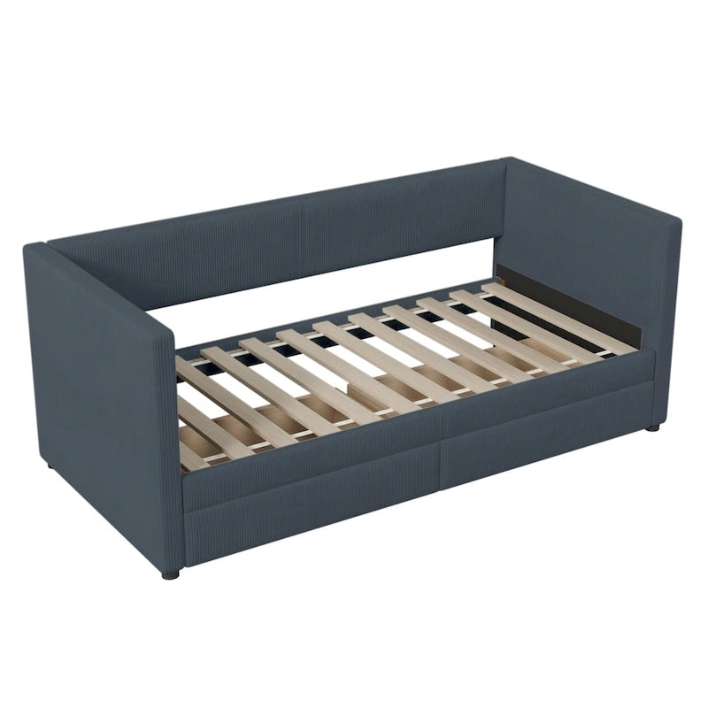 Grey Corduroy Twin Daybed with Drawers and Wood Slat Support