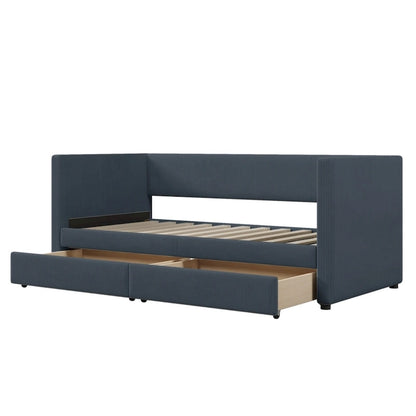 Grey Corduroy Twin Daybed with Drawers and Wood Slat Support