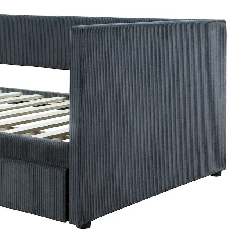 Grey Corduroy Twin Daybed with Drawers and Wood Slat Support