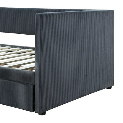 Grey Corduroy Twin Daybed with Drawers and Wood Slat Support