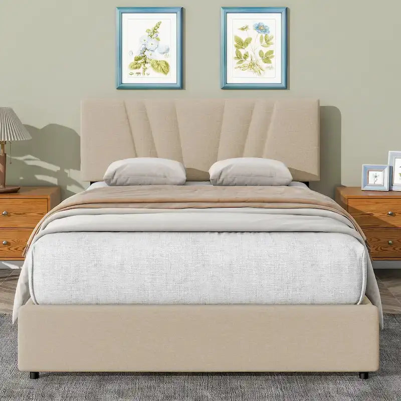 Beige Full Upholstered Platform Bed with Hydraulic Lift Storage and Tufted Headboard - Ideal for All Ages