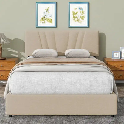 Beige Full Upholstered Platform Bed with Hydraulic Lift Storage and Tufted Headboard - Ideal for All Ages