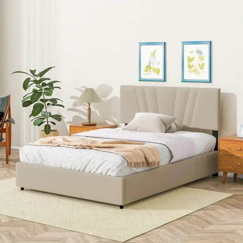 Beige Full Upholstered Platform Bed with Hydraulic Lift Storage and Tufted Headboard - Ideal for All Ages