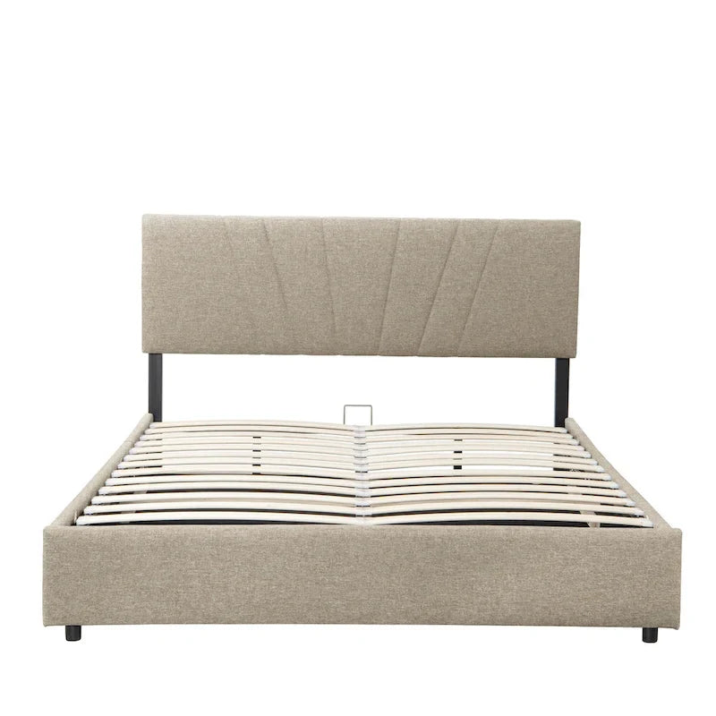 Beige Full Upholstered Platform Bed with Hydraulic Lift Storage and Tufted Headboard - Ideal for All Ages