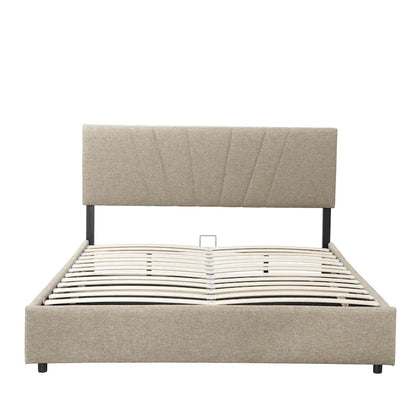 Beige Full Upholstered Platform Bed with Hydraulic Lift Storage and Tufted Headboard - Ideal for All Ages